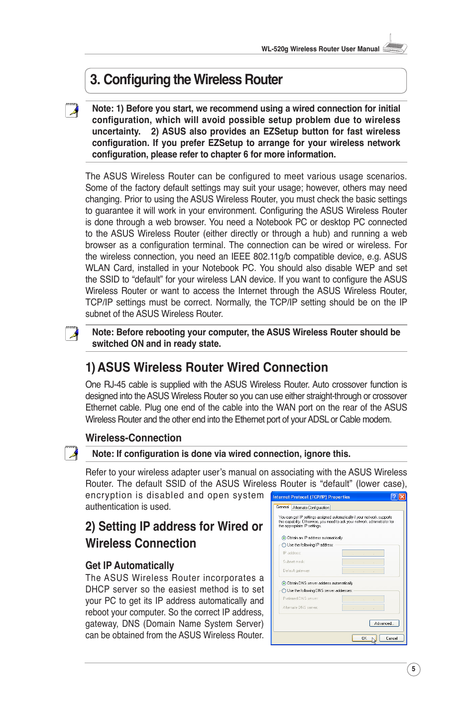 Conﬁguring the wireless router, 1) asus wireless router wired connection | Asus WL-520G User Manual | Page 6 / 31