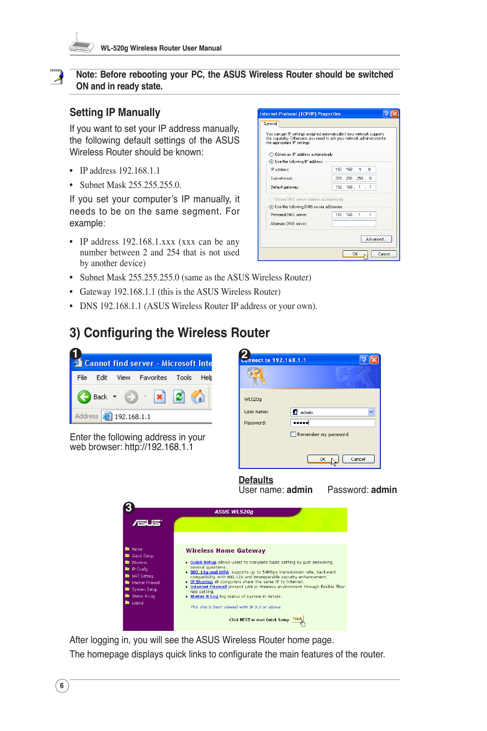 3) conﬁguring the wireless router | Asus WL-520G User Manual | Page 7 / 31