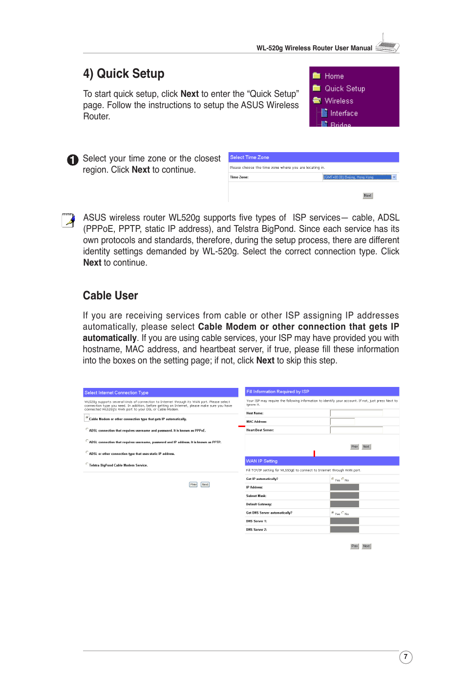 4) quick setup, Cable user | Asus WL-520G User Manual | Page 8 / 31