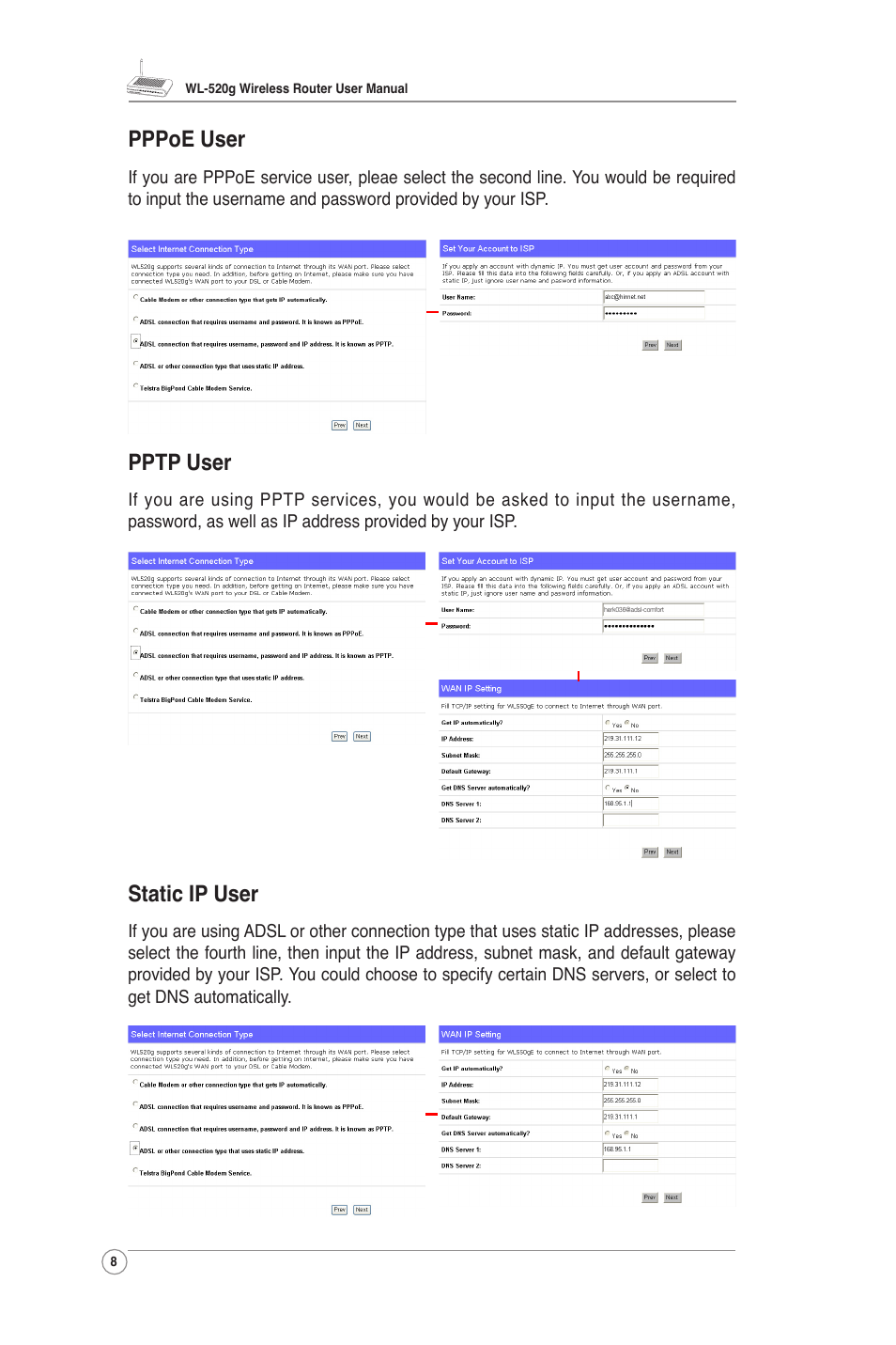 Pppoe user, Pptp user, Static ip user | Asus WL-520G User Manual | Page 9 / 31