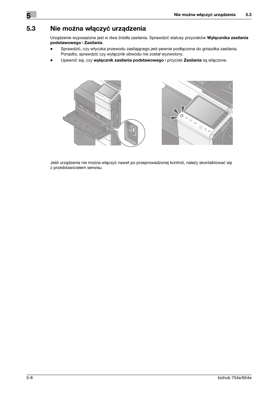 3 nie można włączyć urządzenia, Nie można włączyć urządzenia -8 | Konica Minolta bizhub 754e User Manual | Page 160 / 170