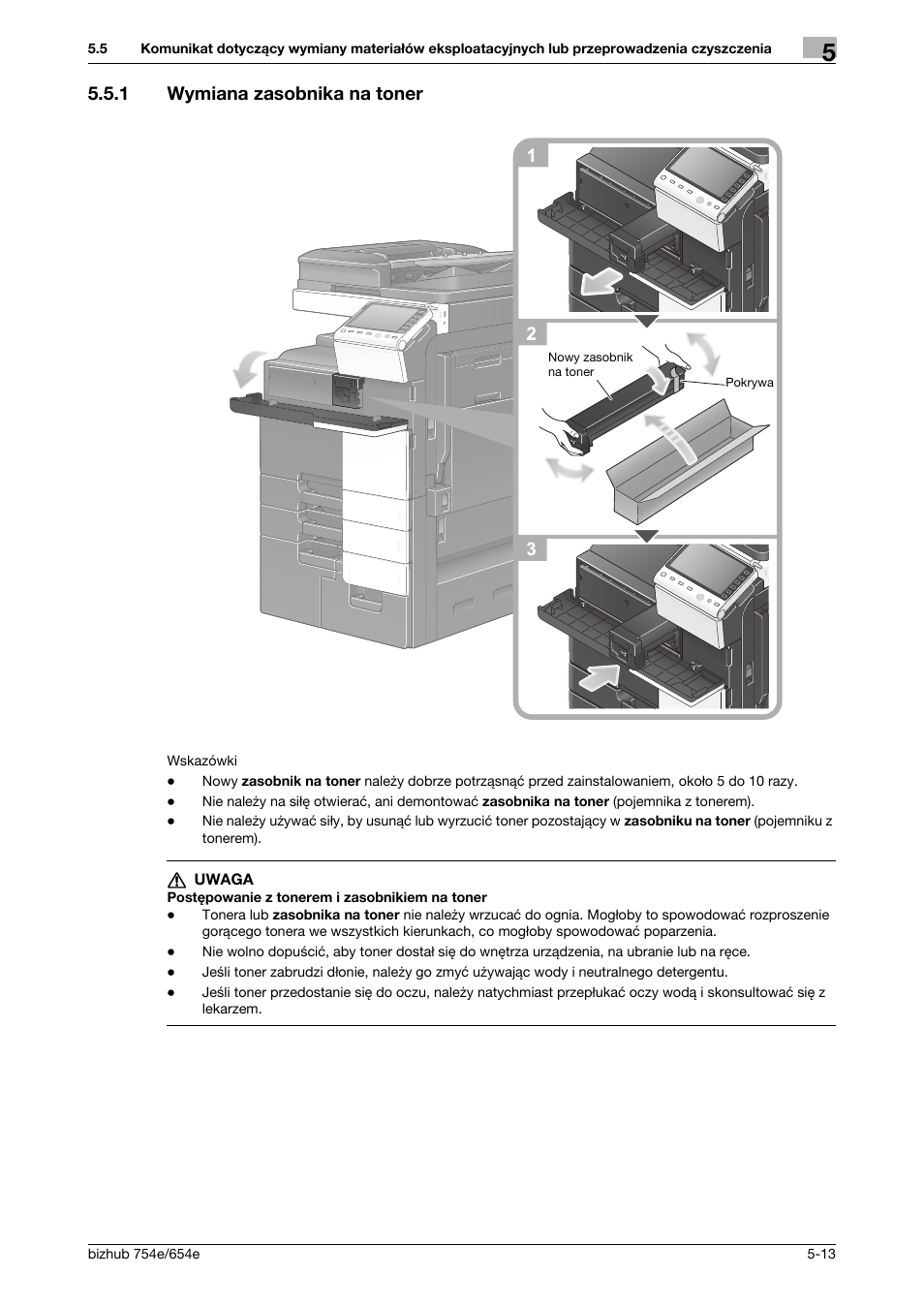 1 wymiana zasobnika na toner, Wymiana zasobnika na toner -13 | Konica Minolta bizhub 754e User Manual | Page 165 / 170
