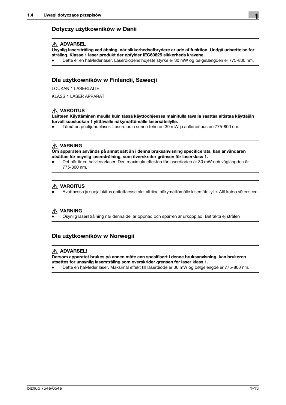 Dotyczy użytkowników w danii, Dla użytkowników w finlandii, szwecji, Dla użytkowników w norwegii | Konica Minolta bizhub 754e User Manual | Page 17 / 170