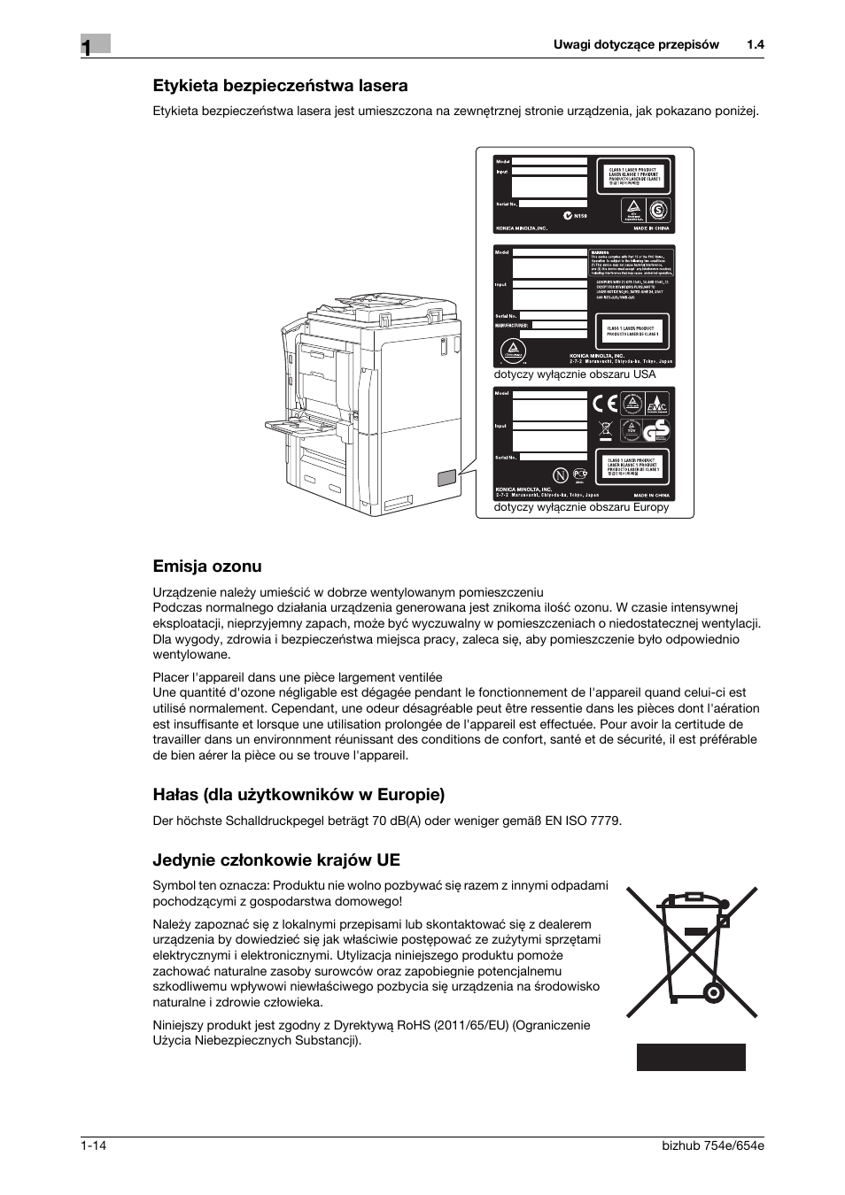 Etykieta bezpieczeństwa lasera, Emisja ozonu, Hałas (dla użytkowników w europie) | Jedynie członkowie krajów ue | Konica Minolta bizhub 754e User Manual | Page 18 / 170