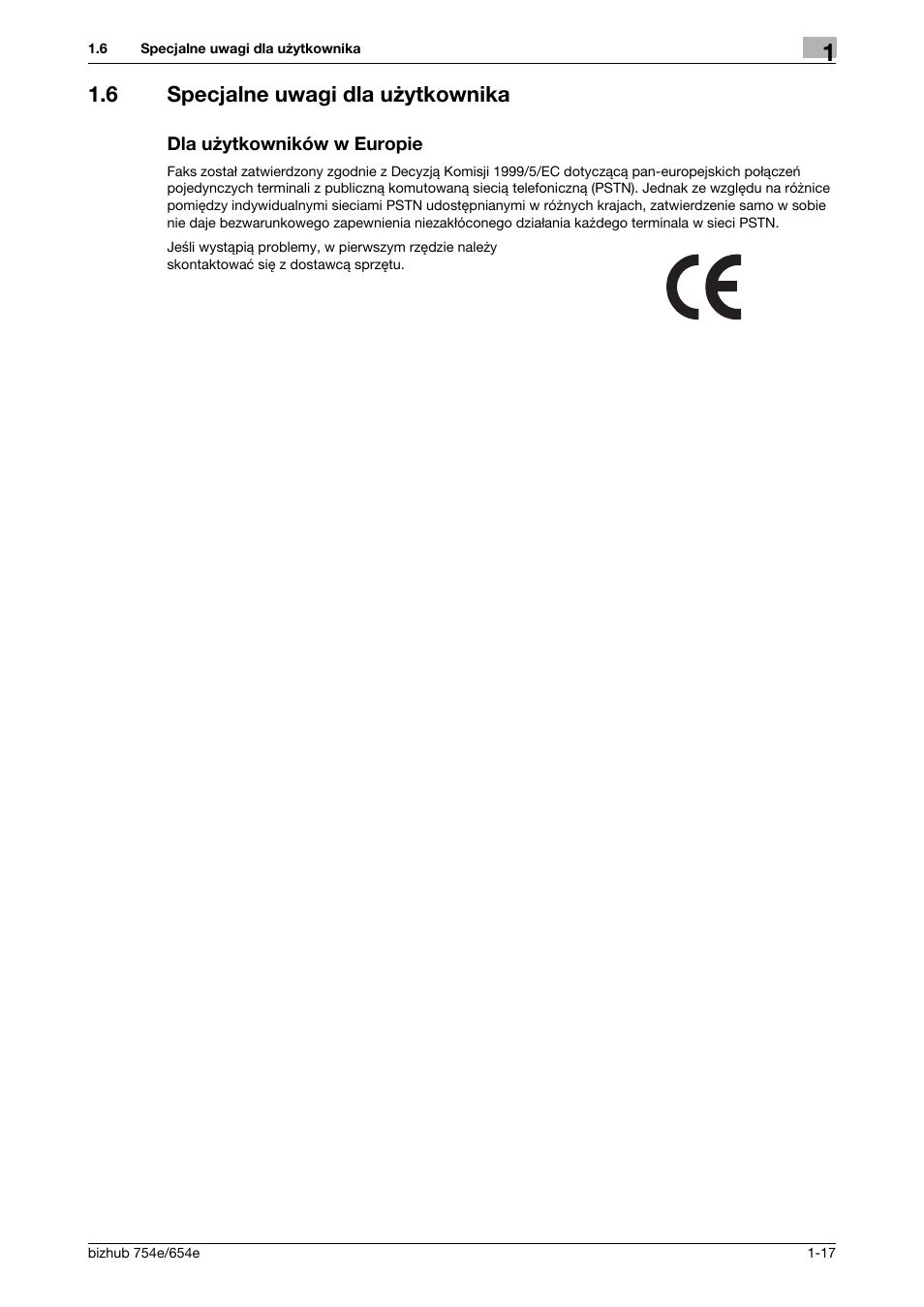 6 specjalne uwagi dla użytkownika, Dla użytkowników w europie, Specjalne uwagi dla użytkownika -17 | Konica Minolta bizhub 754e User Manual | Page 21 / 170