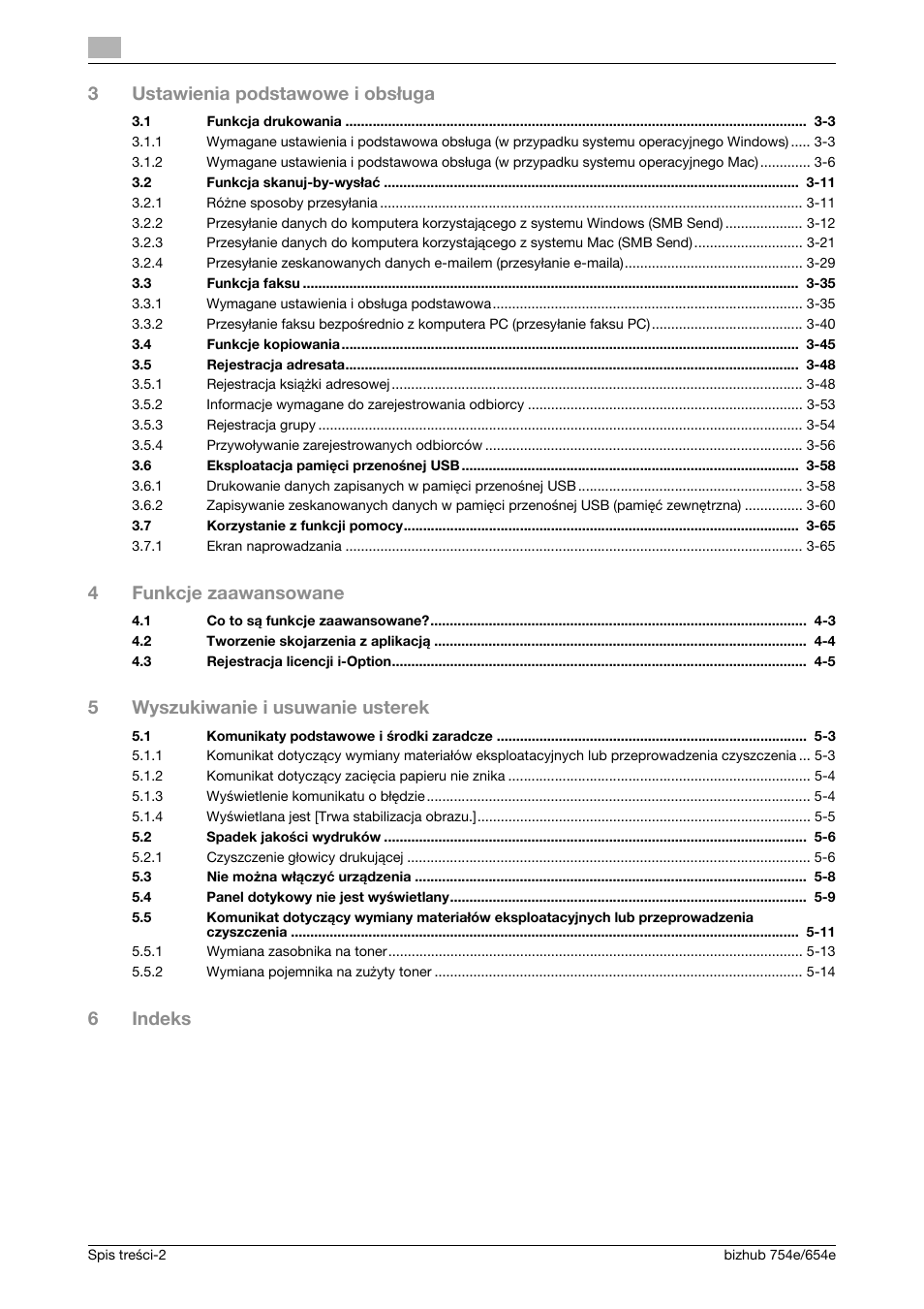 3ustawienia podstawowe i obsługa, 4funkcje zaawansowane, 5wyszukiwanie i usuwanie usterek | 6indeks | Konica Minolta bizhub 754e User Manual | Page 4 / 170