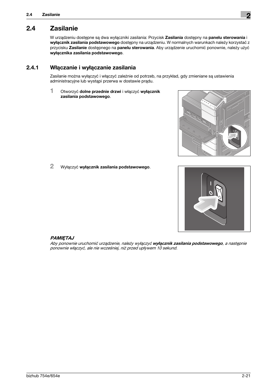 4 zasilanie, 1 włączanie i wyłączanie zasilania, Zasilanie -21 | Włączanie i wyłączanie zasilania -21 | Konica Minolta bizhub 754e User Manual | Page 51 / 170