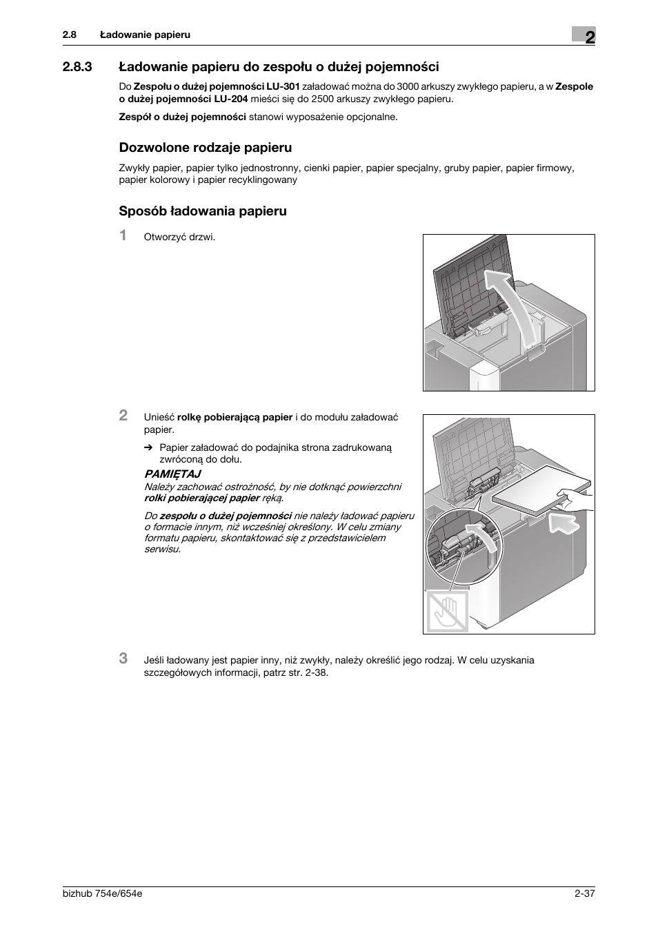 3 ładowanie papieru do zespołu o dużej pojemności, Dozwolone rodzaje papieru, Sposób ładowania papieru | Konica Minolta bizhub 754e User Manual | Page 67 / 170