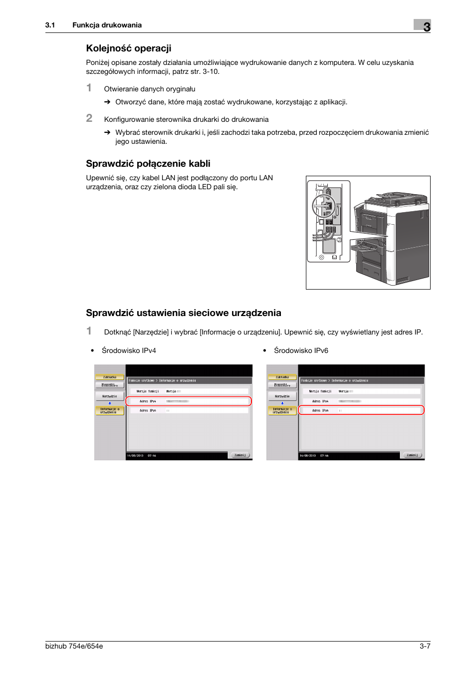 Kolejność operacji, Sprawdzić połączenie kabli, Sprawdzić ustawienia sieciowe urządzenia | Konica Minolta bizhub 754e User Manual | Page 79 / 170