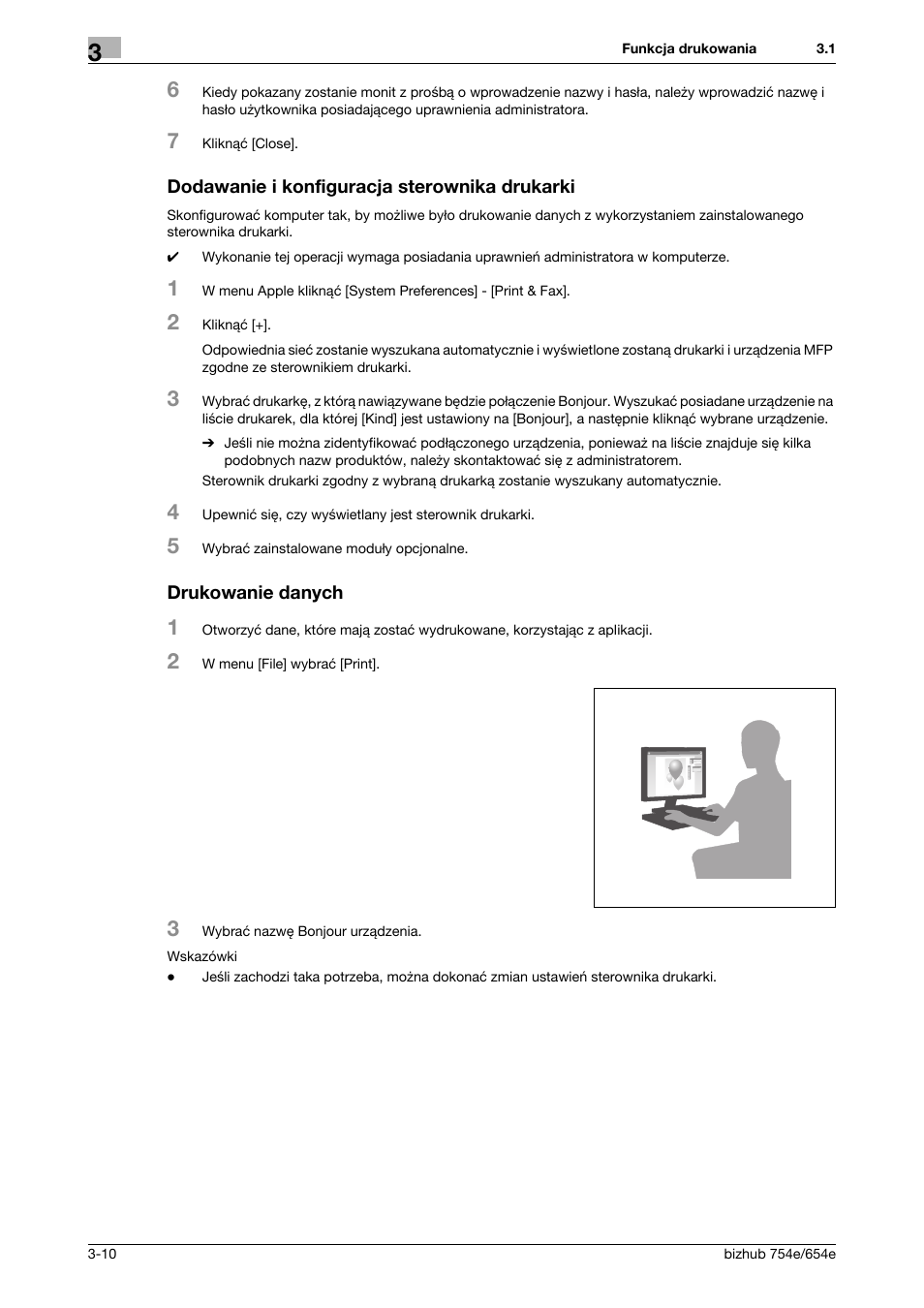 Dodawanie i konfiguracja sterownika drukarki, Drukowanie danych | Konica Minolta bizhub 754e User Manual | Page 82 / 170