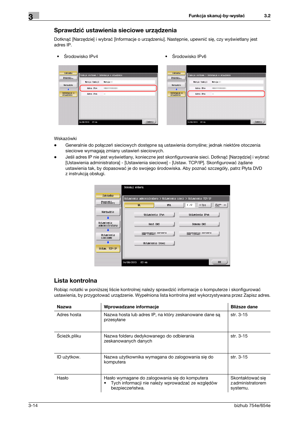 Sprawdzić ustawienia sieciowe urządzenia, Lista kontrolna | Konica Minolta bizhub 754e User Manual | Page 86 / 170