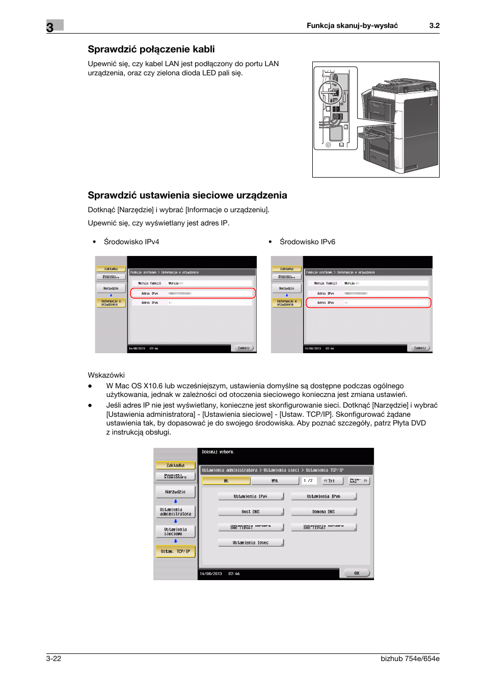 Sprawdzić połączenie kabli, Sprawdzić ustawienia sieciowe urządzenia | Konica Minolta bizhub 754e User Manual | Page 94 / 170