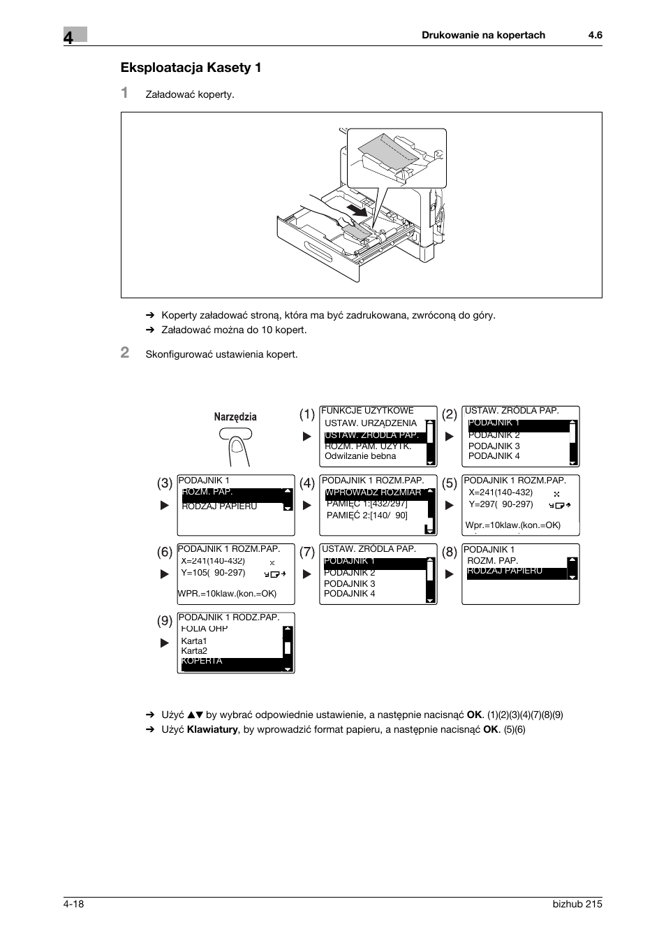 Eksploatacja kasety 1, Eksploatacja kasety 1 -18 | Konica Minolta Bizhub 215 User Manual | Page 100 / 128