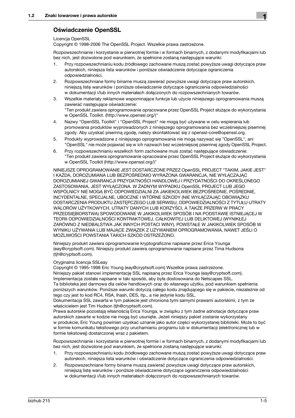 Oœwiadczenie openssl, Oświadczenie openssl -5, Oświadczenie openssl | Konica Minolta Bizhub 215 User Manual | Page 11 / 128