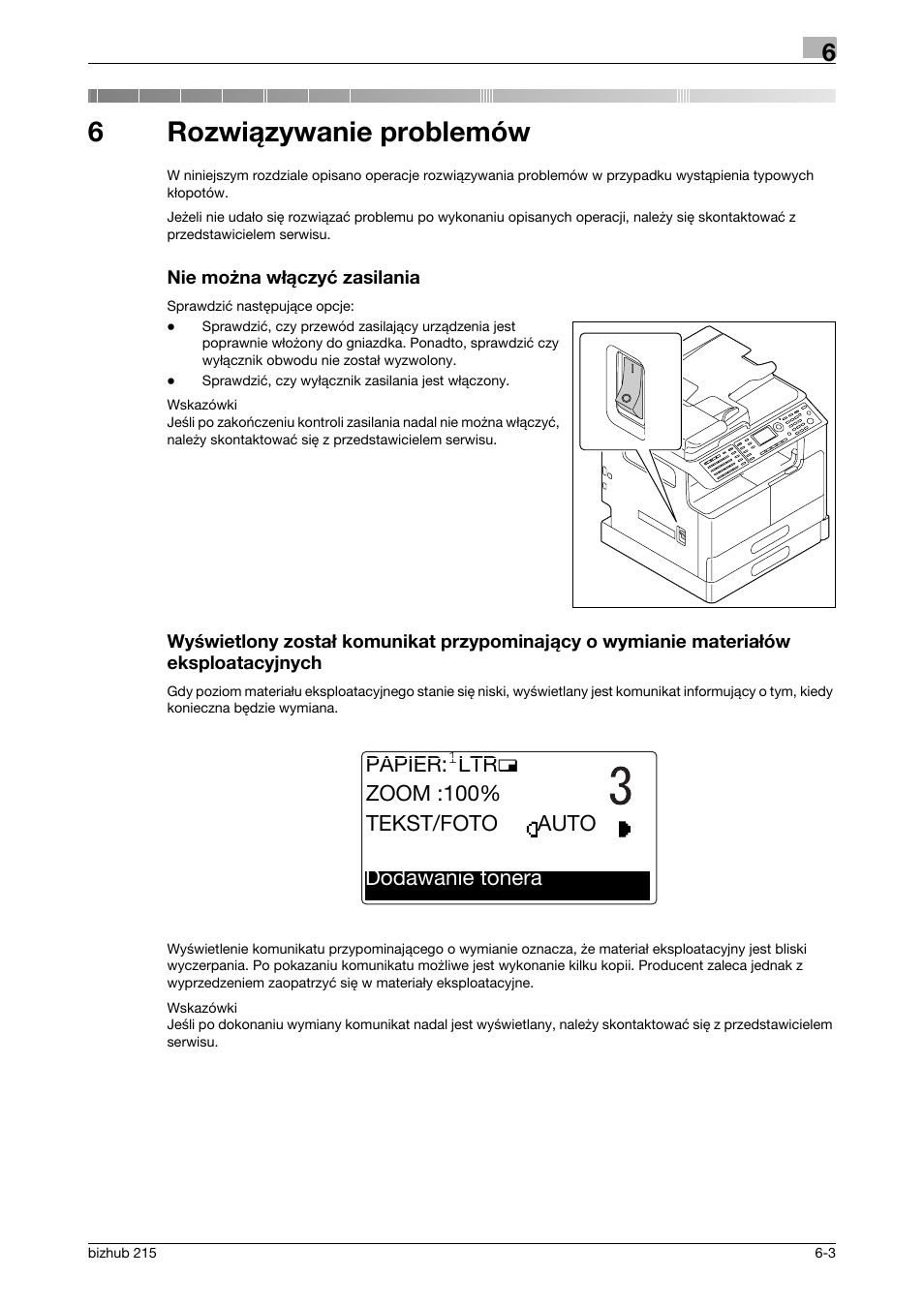 6 rozwi¶zywanie problemów, Nie mo¿na w¸¶czyæ zasilania, Rozwiązywanie problemów | 6rozwiązywanie problemów, Papier, Ltrw zoom :100% tekst/foto dodawanie tonera auto | Konica Minolta Bizhub 215 User Manual | Page 119 / 128