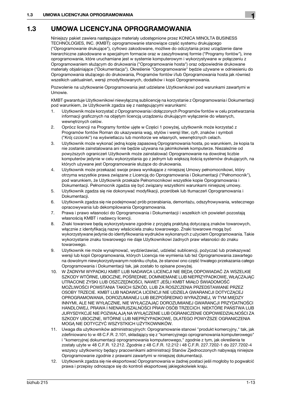 3 umowa licencyjna oprogramowania, Umowa licencyjna oprogramowania -13 | Konica Minolta Bizhub 215 User Manual | Page 19 / 128