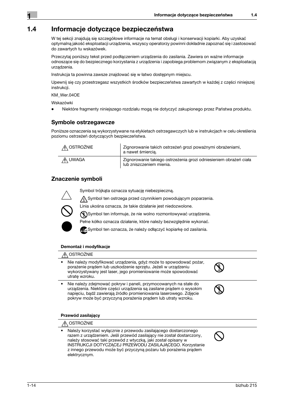 4 informacje dotycz¶ce bezpieczeñstwa, Symbole ostrzegawcze, Znaczenie symboli | 4 informacje dotyczące bezpieczeństwa | Konica Minolta Bizhub 215 User Manual | Page 20 / 128