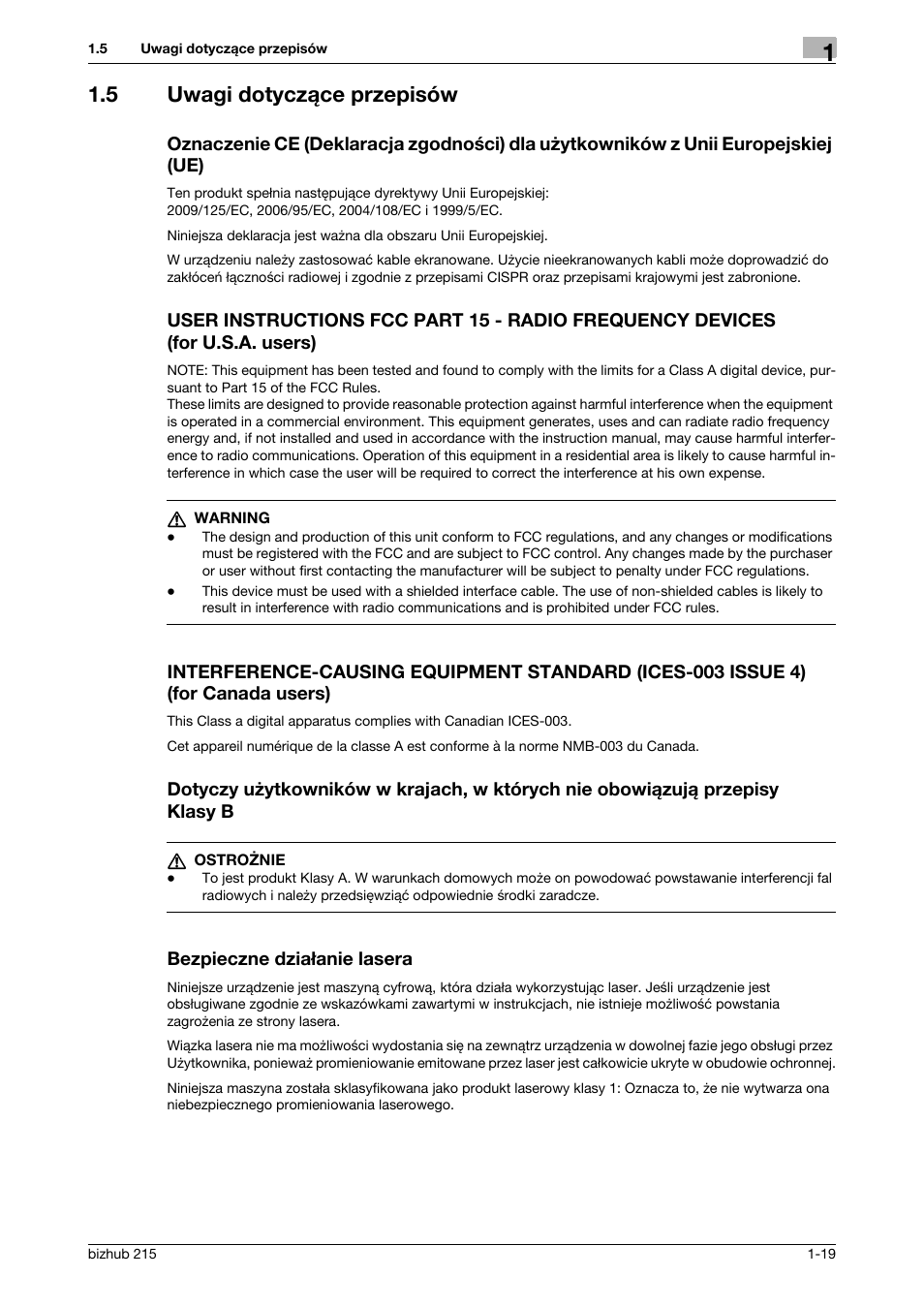 5 uwagi dotycz¶ce przepisów, Bezpieczne dzia¸anie lasera, 5 uwagi dotyczące przepisów | Konica Minolta Bizhub 215 User Manual | Page 25 / 128