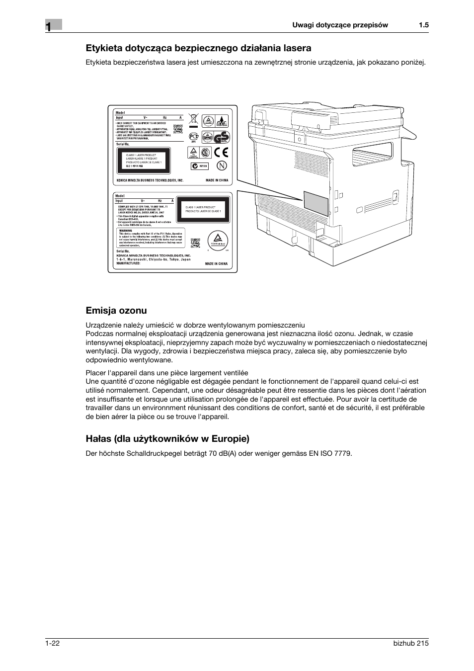 Etykieta dotycz¶ca bezpiecznego dzia¸ania lasera, Emisja ozonu, Ha¸as (dla u¿ytkowników w europie) | Konica Minolta Bizhub 215 User Manual | Page 28 / 128