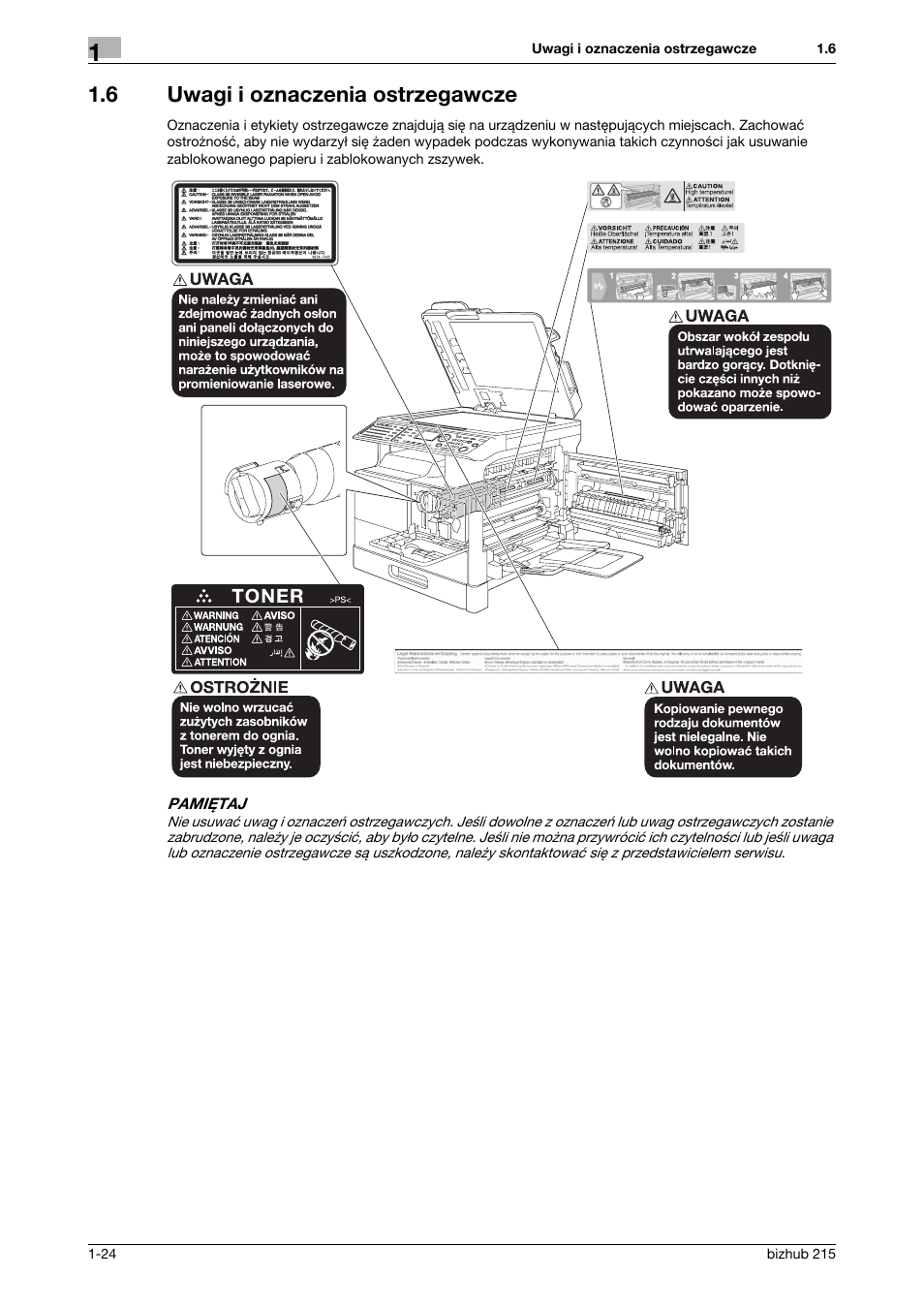 6 uwagi i oznaczenia ostrzegawcze, Uwagi i oznaczenia ostrzegawcze -24 | Konica Minolta Bizhub 215 User Manual | Page 30 / 128