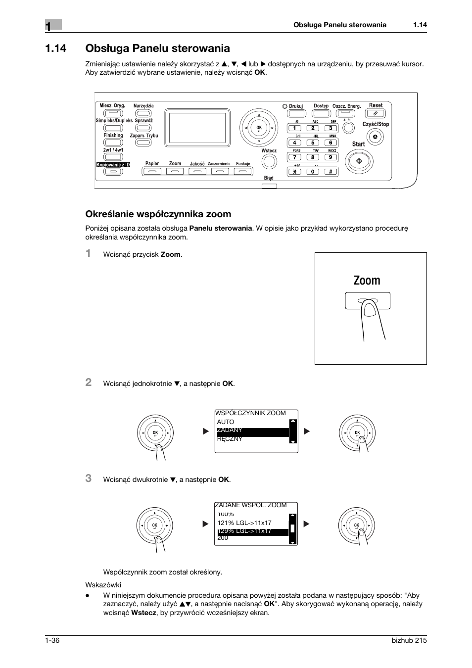 14 obs¸uga panelu sterowania, Okreœlanie wspó¸czynnika zoom, 14 obsługa panelu sterowania | Określanie współczynnika zoom | Konica Minolta Bizhub 215 User Manual | Page 42 / 128