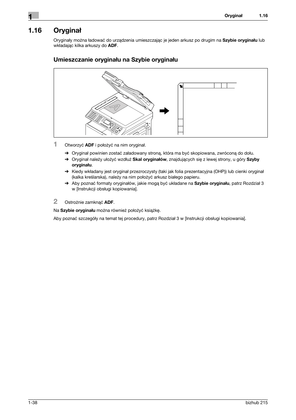 16 orygina, Umieszczanie orygina¸u na szybie orygina¸u, 16 oryginał | Konica Minolta Bizhub 215 User Manual | Page 44 / 128