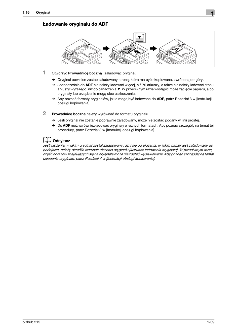 Adowanie orygina¸u do adf, Ładowanie oryginału do adf -39 | Konica Minolta Bizhub 215 User Manual | Page 45 / 128