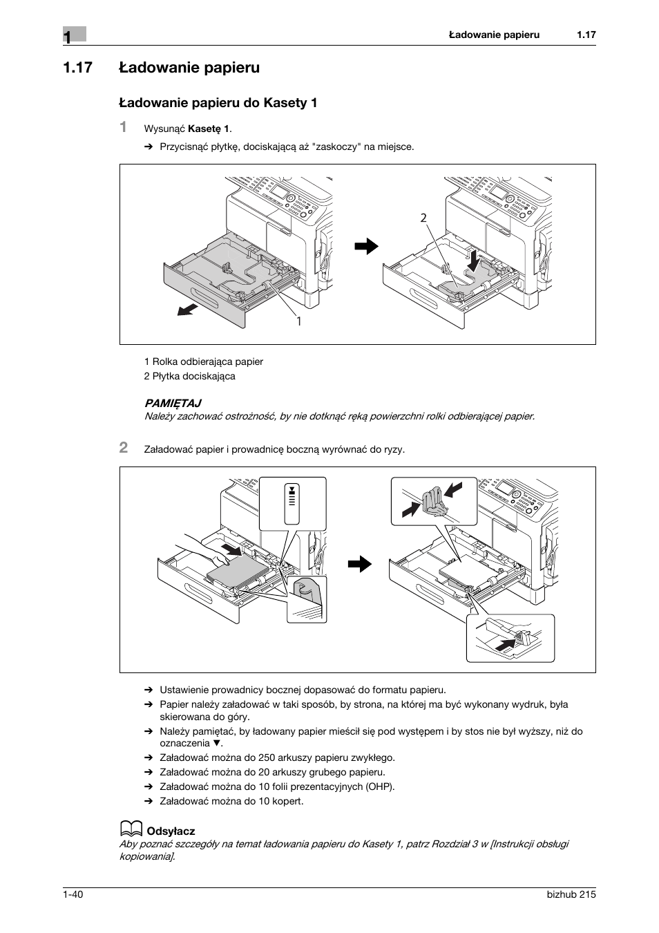 17 £adowanie papieru, Adowanie papieru do kasety 1, 17 ładowanie papieru | Konica Minolta Bizhub 215 User Manual | Page 46 / 128