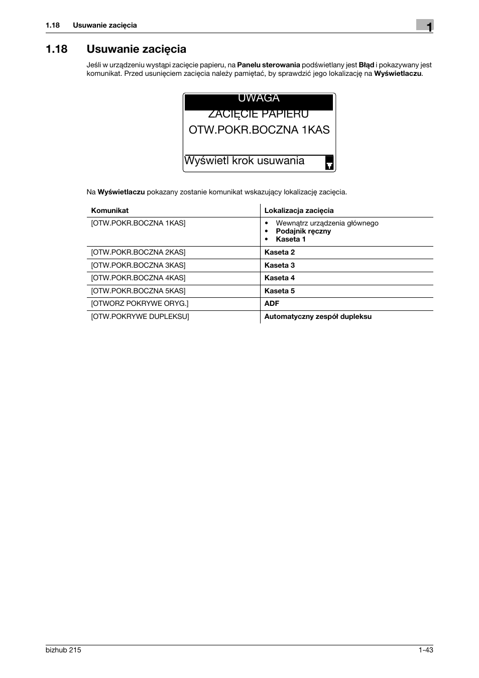 18 usuwanie zaciêcia, Usuwanie zacięcia -43, 18 usuwanie zacięcia | Konica Minolta Bizhub 215 User Manual | Page 49 / 128