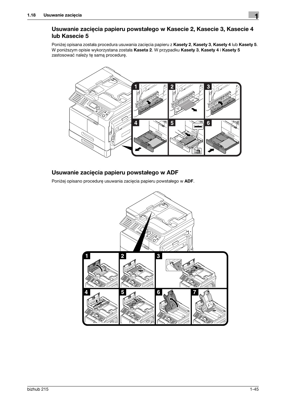 Usuwanie zaciêcia papieru powsta¸ego w adf | Konica Minolta Bizhub 215 User Manual | Page 51 / 128