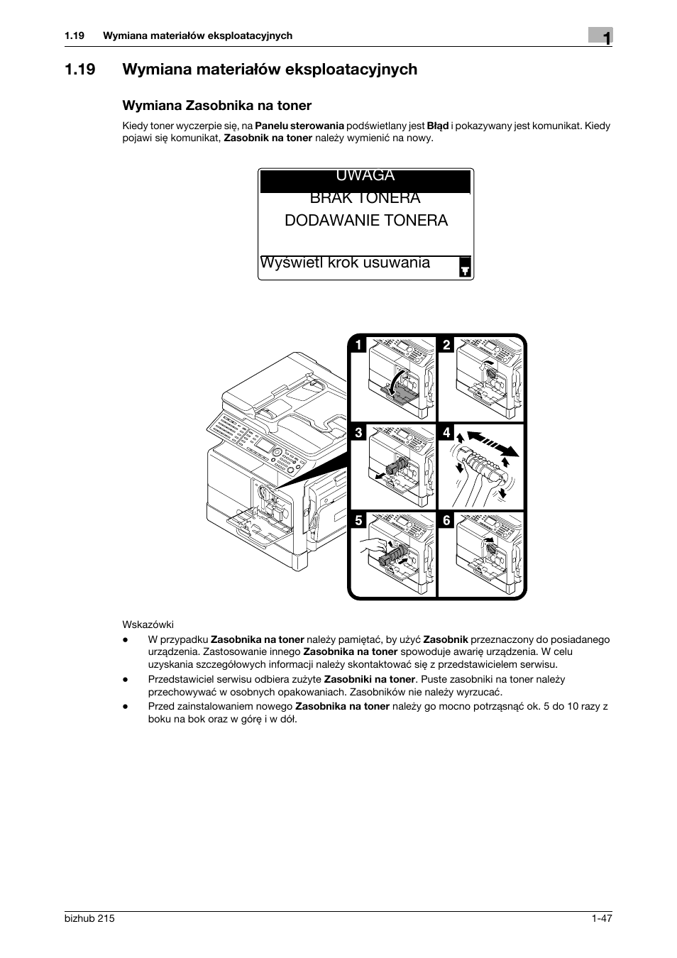 19 wymiana materia¸ów eksploatacyjnych, Wymiana zasobnika na toner, 19 wymiana materiałów eksploatacyjnych | Konica Minolta Bizhub 215 User Manual | Page 53 / 128