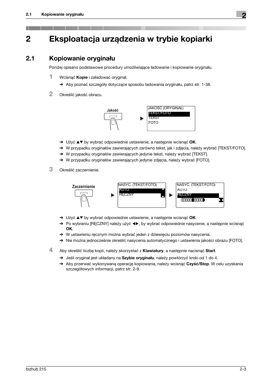 2 eksploatacja urz¶dzenia w trybie kopiarki, 1 kopiowanie orygina¸u, Eksploatacja urządzenia w trybie kopiarki | Kopiowanie oryginału -3, 2eksploatacja urządzenia w trybie kopiarki, 1 kopiowanie oryginału | Konica Minolta Bizhub 215 User Manual | Page 59 / 128