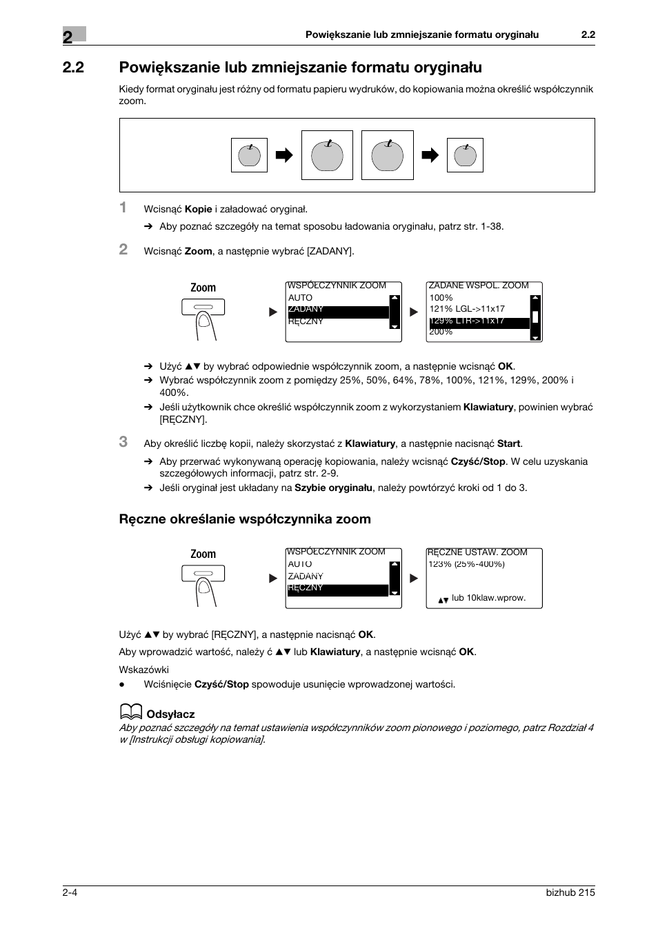 2 powiêkszanie lub zmniejszanie formatu orygina¸u, Rêczne okreœlanie wspó¸czynnika zoom, 2 powiększanie lub zmniejszanie formatu oryginału | Ręczne określanie współczynnika zoom | Konica Minolta Bizhub 215 User Manual | Page 60 / 128