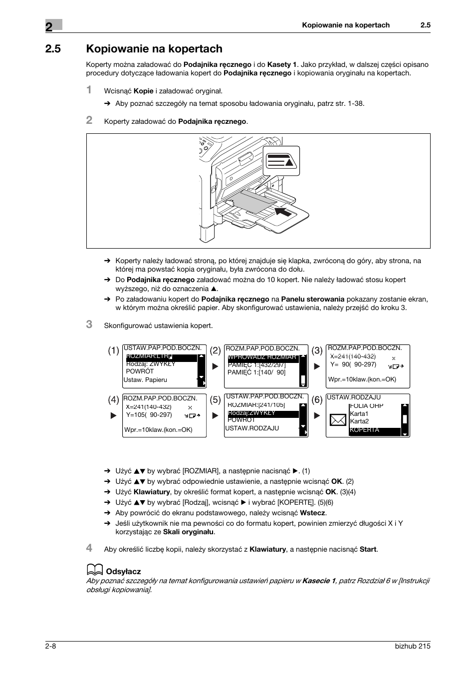 5 kopiowanie na kopertach, Kopiowanie na kopertach -8 | Konica Minolta Bizhub 215 User Manual | Page 64 / 128