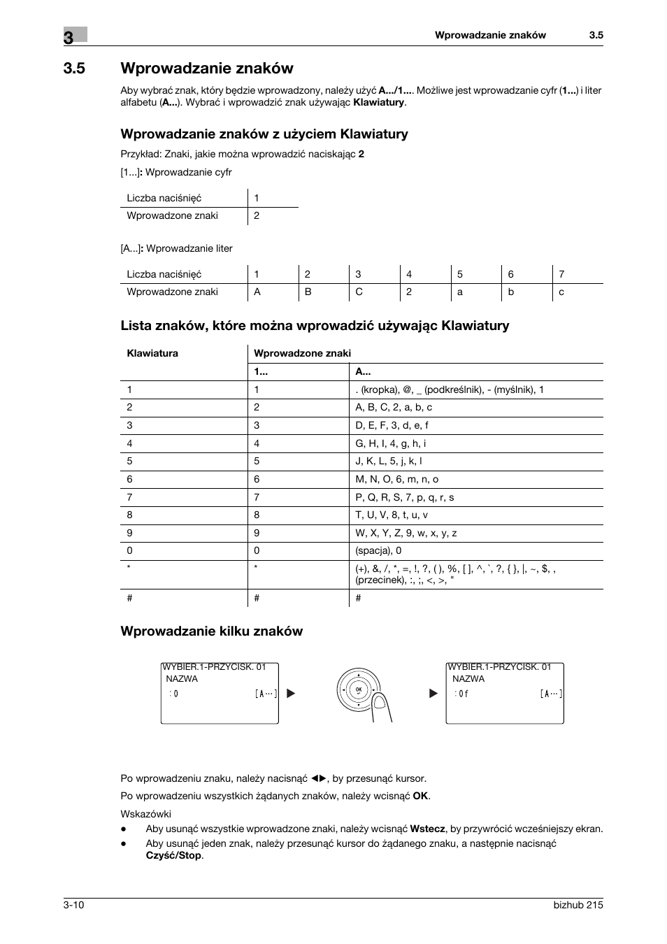 5 wprowadzanie znaków, Wprowadzanie znaków z u¿yciem klawiatury, Wprowadzanie kilku znaków | Wprowadzanie znaków z użyciem klawiatury | Konica Minolta Bizhub 215 User Manual | Page 76 / 128