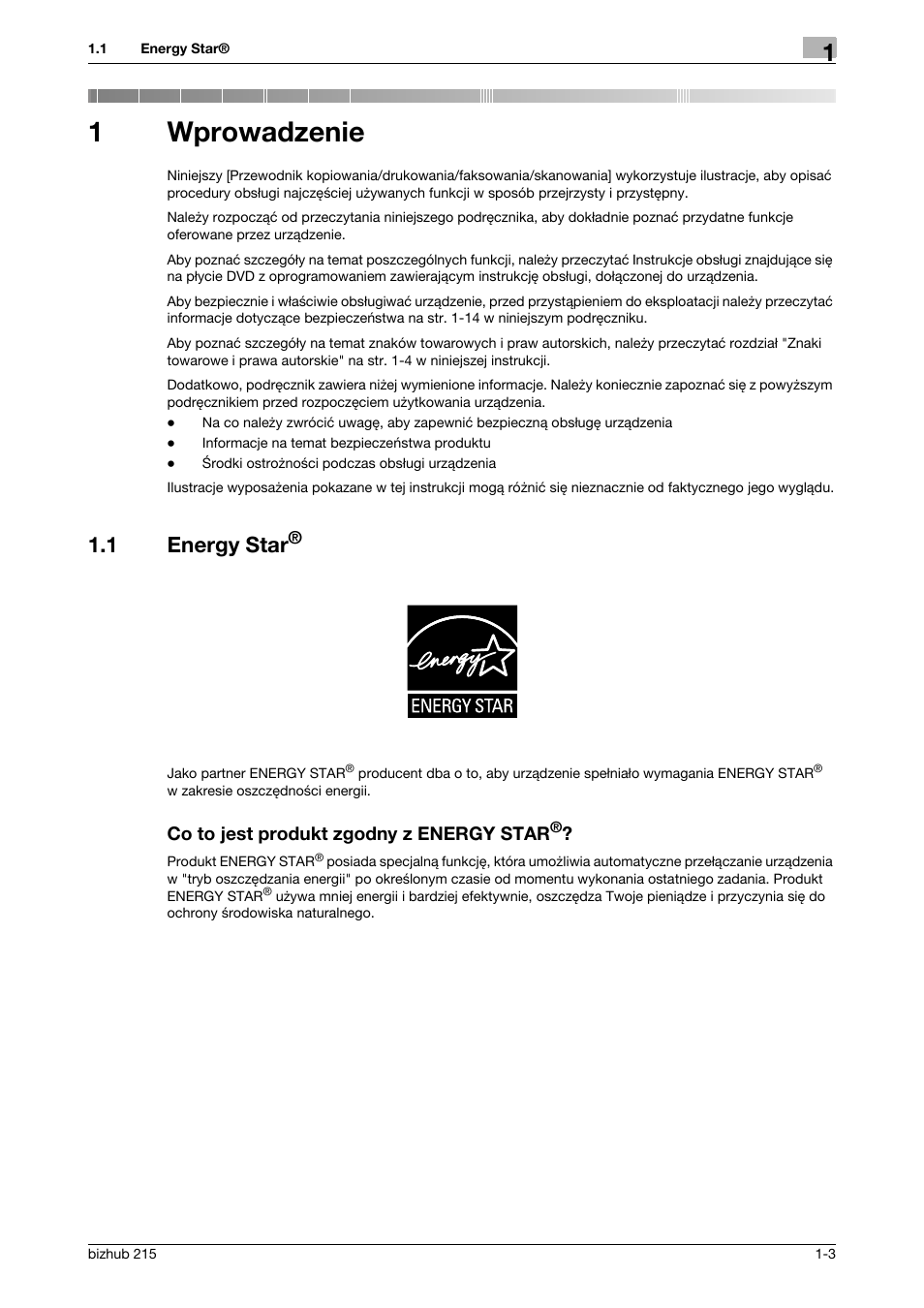 1 wprowadzenie, 1 energy star, Co to jest produkt zgodny z energy star | Wprowadzenie, 1wprowadzenie | Konica Minolta Bizhub 215 User Manual | Page 9 / 128