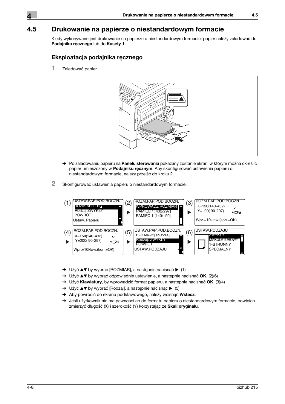 Eksploatacja podajnika rêcznego, Eksploatacja podajnika ręcznego | Konica Minolta Bizhub 215 User Manual | Page 90 / 128