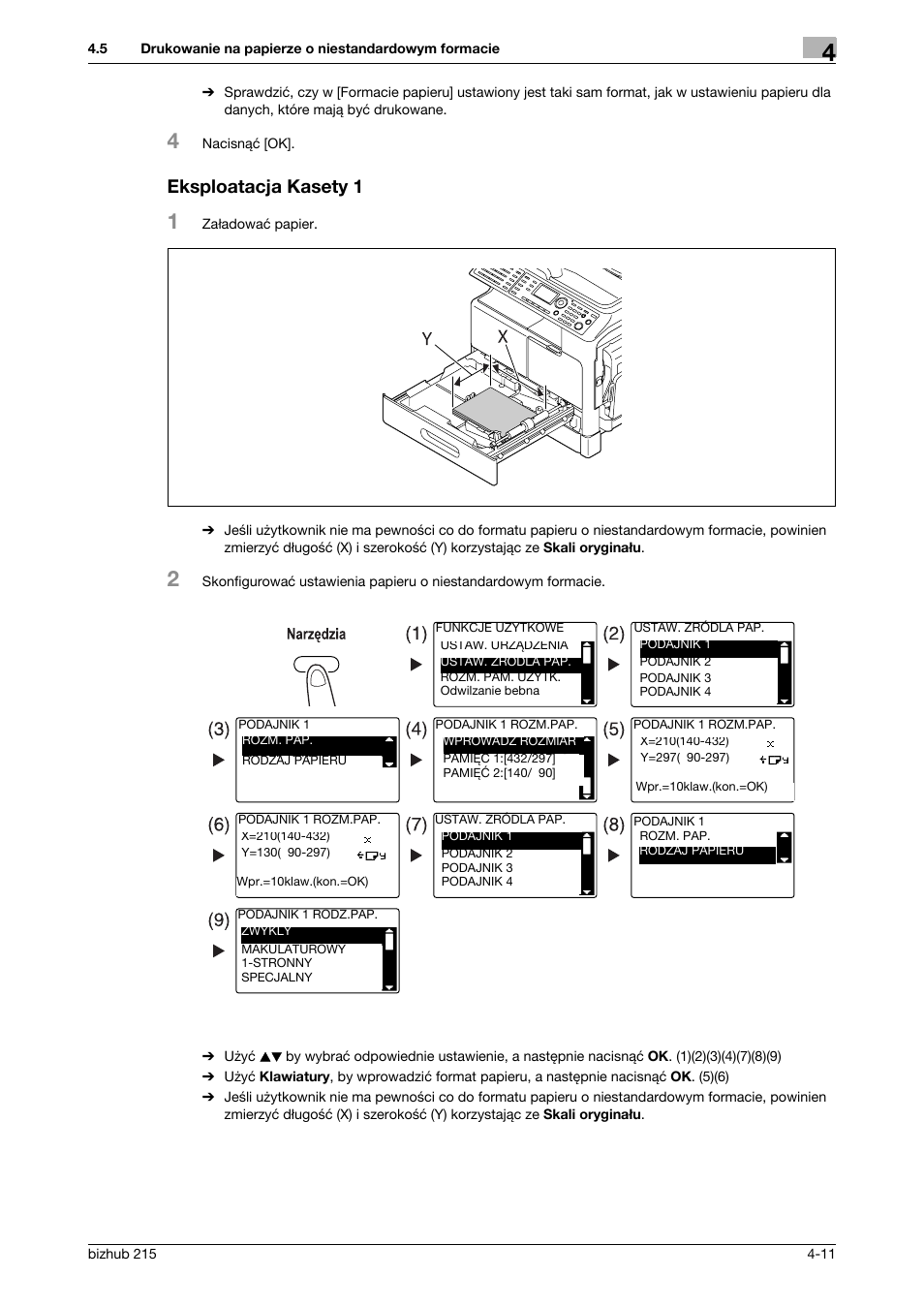 Eksploatacja kasety 1, Eksploatacja kasety 1 -11 | Konica Minolta Bizhub 215 User Manual | Page 93 / 128