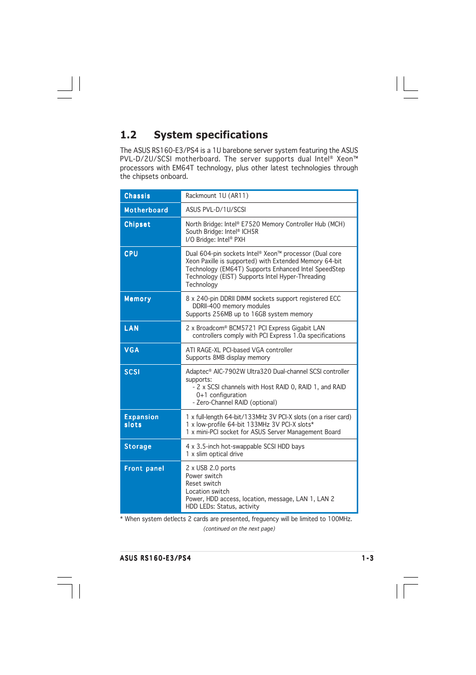 2 system specifications | Asus 1U Rackmount Barebone Server RS160-E3/PS4 User Manual | Page 13 / 140