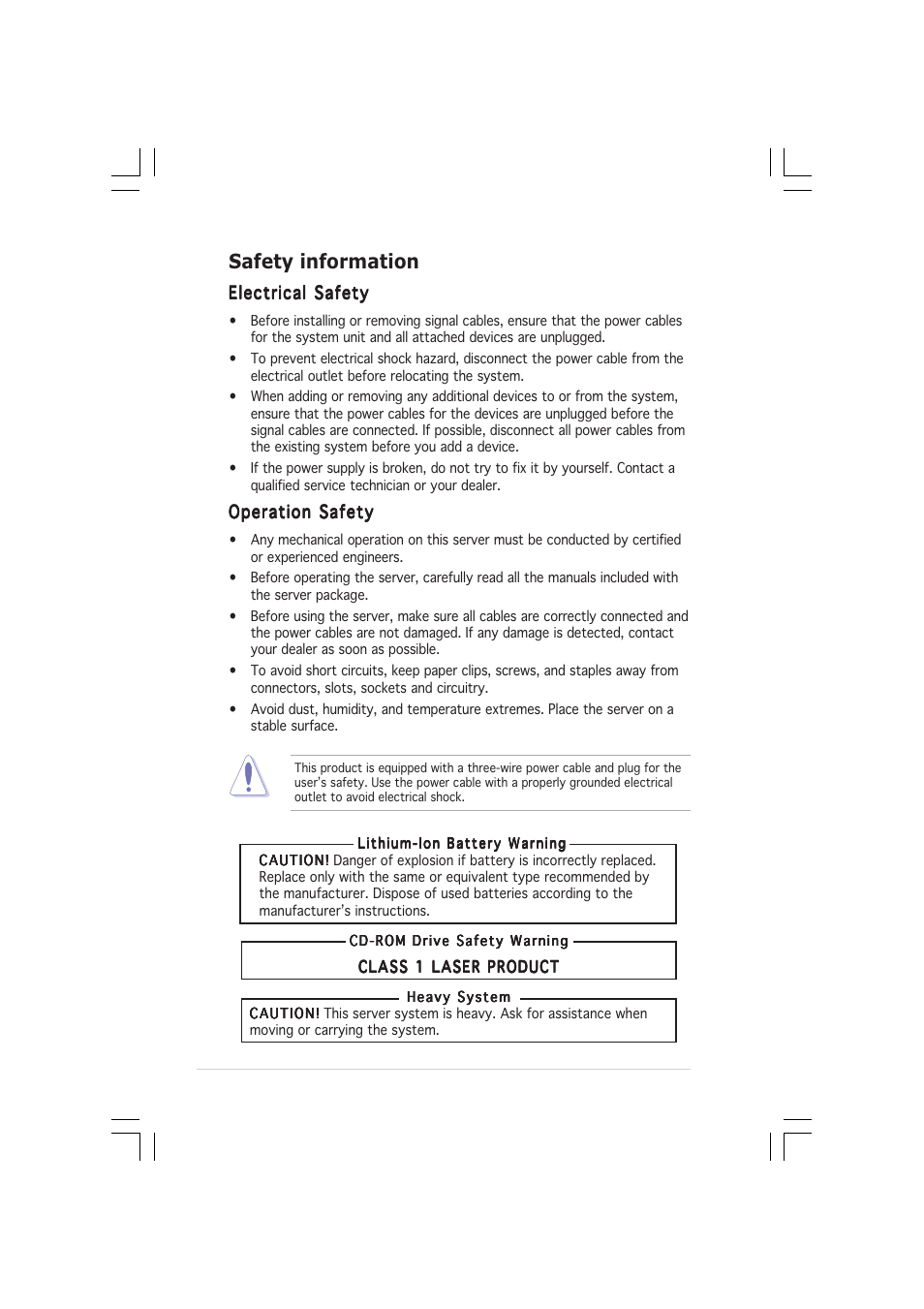 Safety information | Asus 1U Rackmount Barebone Server RS160-E3/PS4 User Manual | Page 8 / 140