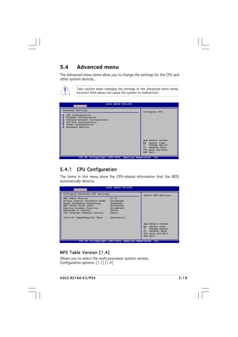 4 advanced menu, Mps table version [1.4 | Asus 1U Rackmount Barebone Server RS160-E3/PS4 User Manual | Page 81 / 140