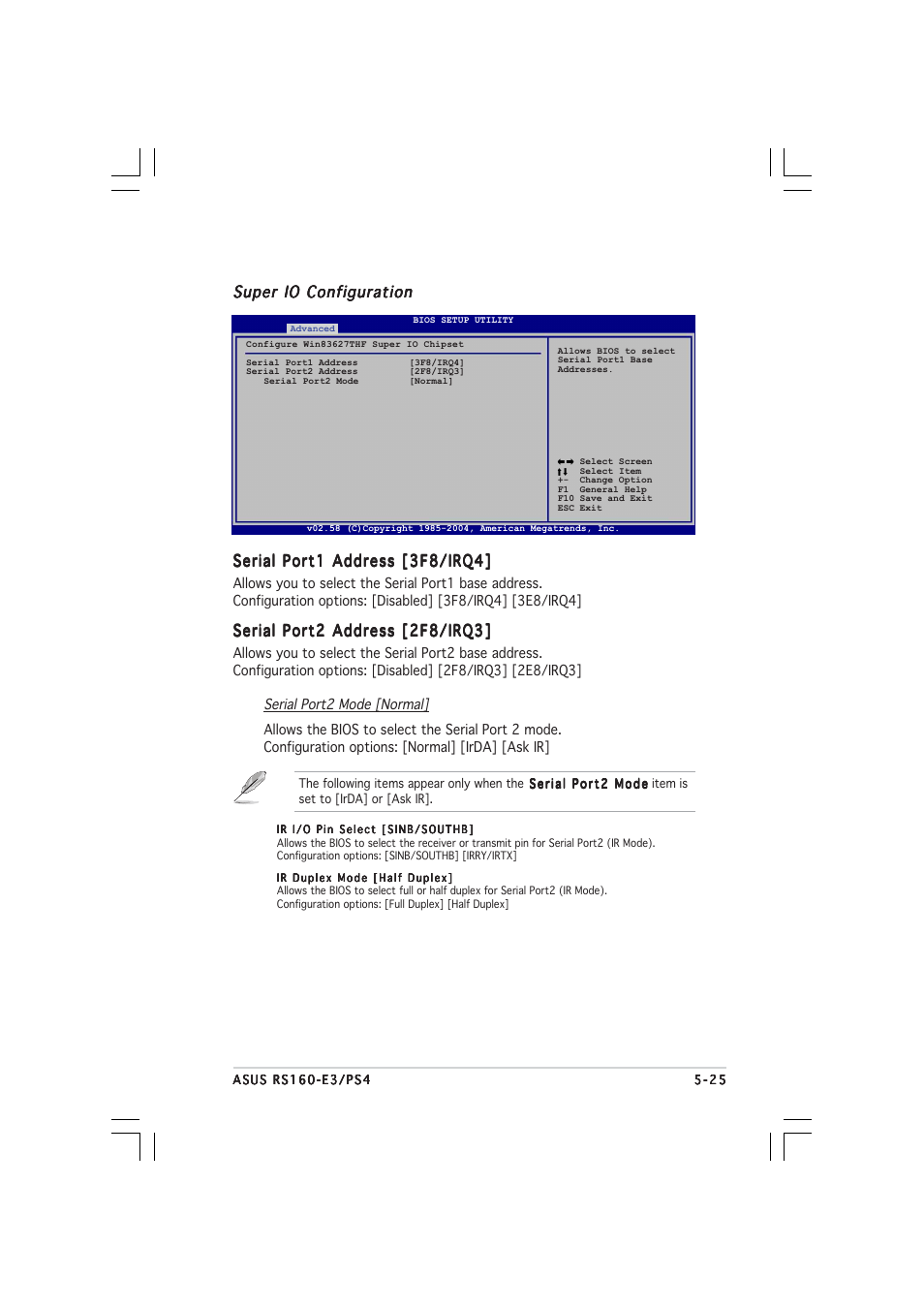 Super io configuration, Serial port2 address [2f8/irq3 | Asus 1U Rackmount Barebone Server RS160-E3/PS4 User Manual | Page 87 / 140