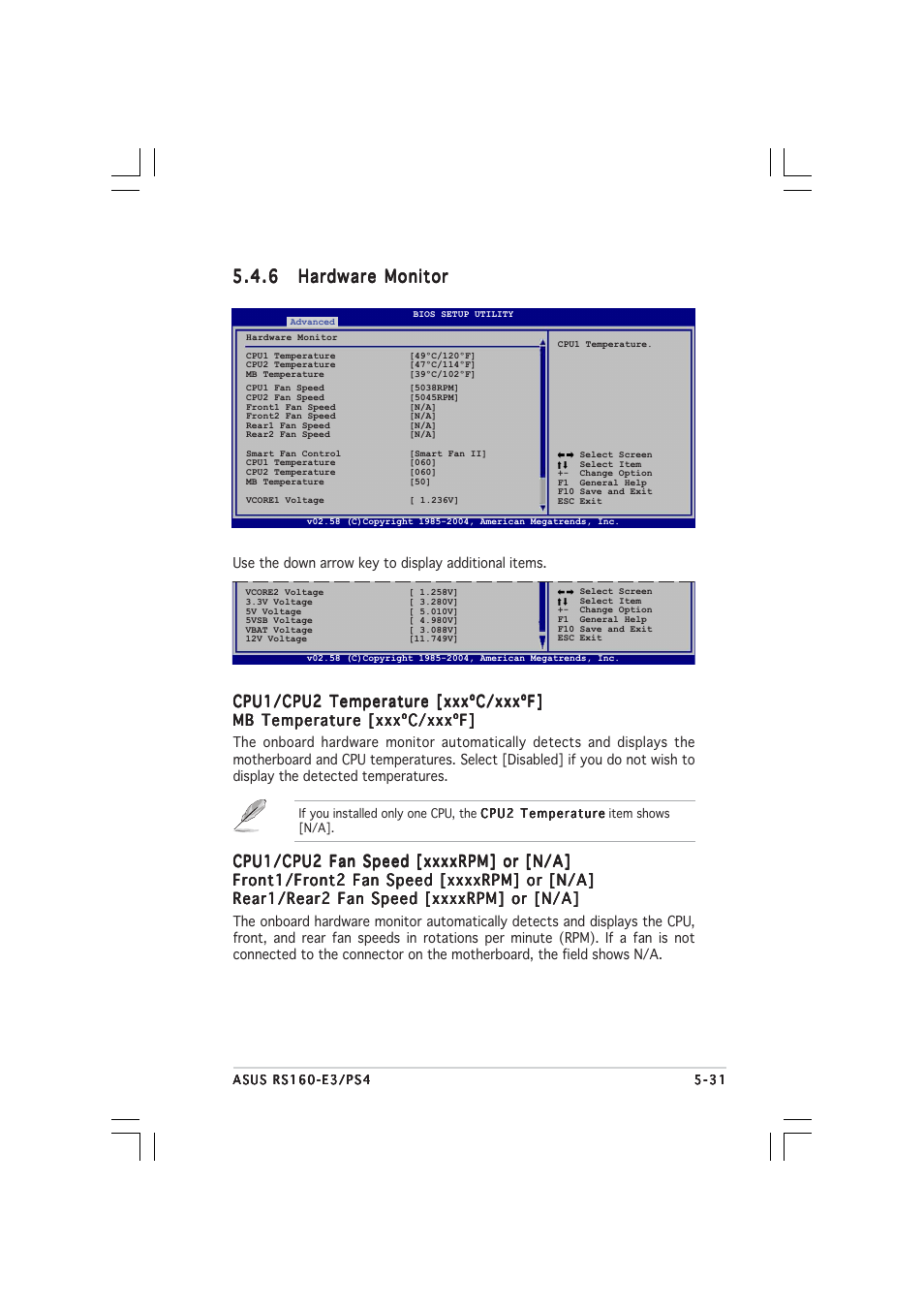 Cpu1/cpu2 temperature [xxxºc/xxxºf | Asus 1U Rackmount Barebone Server RS160-E3/PS4 User Manual | Page 93 / 140