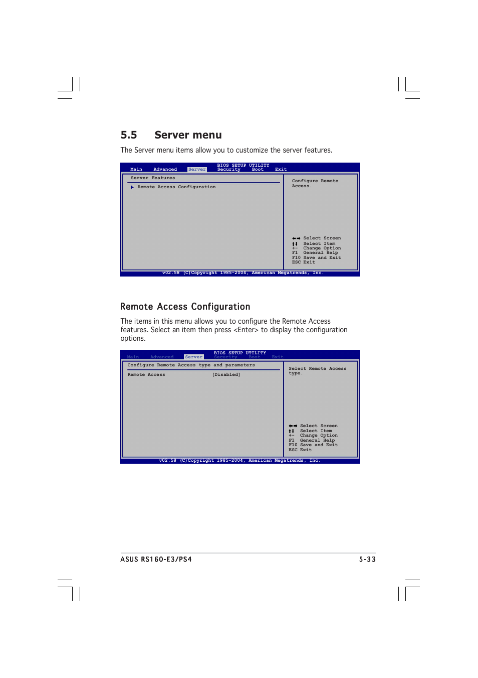 5 server menu, Remote access configuration | Asus 1U Rackmount Barebone Server RS160-E3/PS4 User Manual | Page 95 / 140