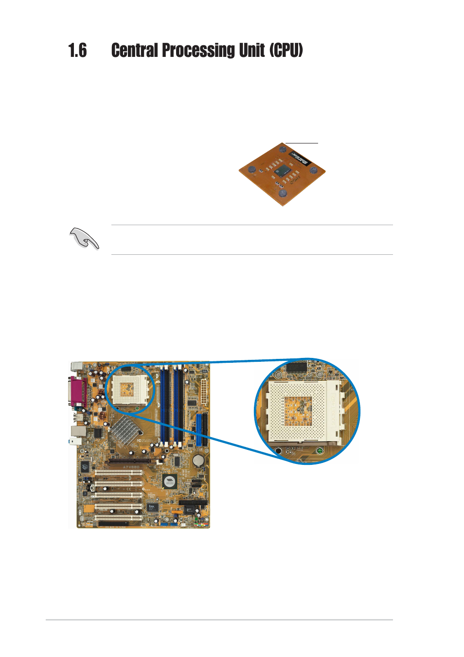 6 central processing unit (cpu), 1 overview, 2 installing the cpu | Asus A7V880 User Manual | Page 18 / 76