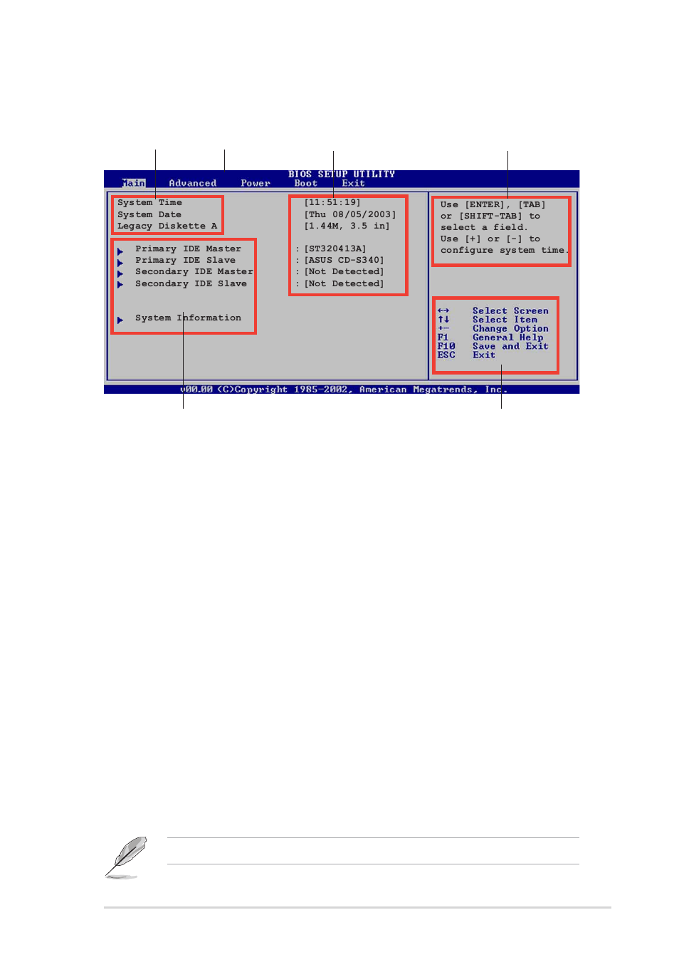 2 menu bar, 1 bios menu screen, 3 navigation keys | Asus A7V880 User Manual | Page 47 / 76