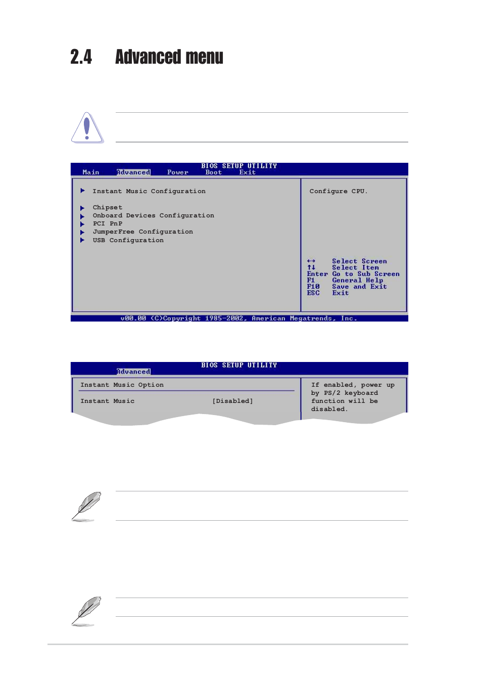 4 advanced menu, 1 instant music configuration, Instant music [disabled | Instant music cd-rom drive [ide secondary master | Asus A7V880 User Manual | Page 52 / 76