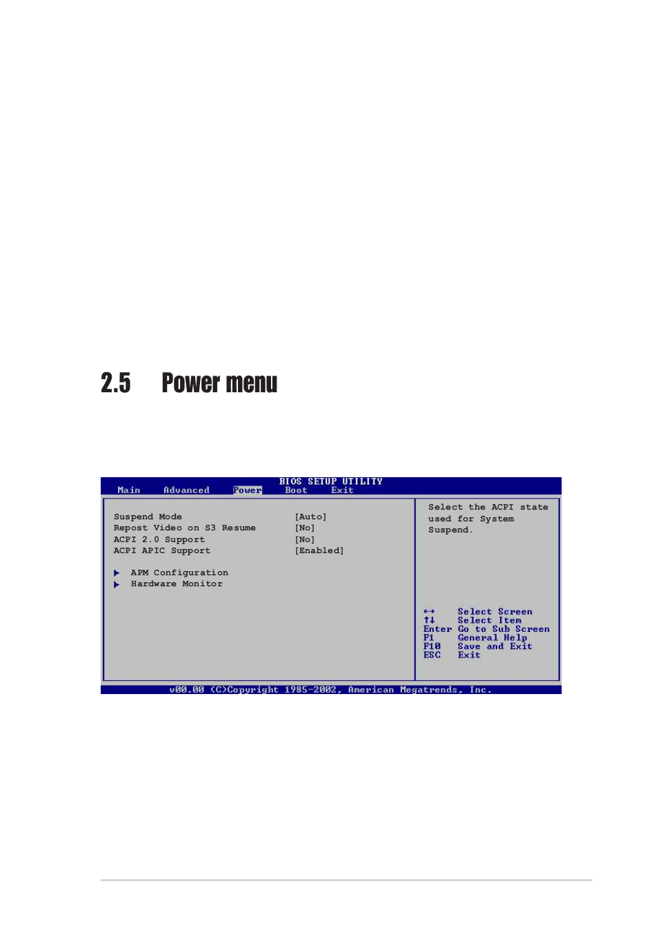 5 power menu, 1 suspend mode [auto, 2 repost video on s3 resume [no | Legacy usb support [auto, Port 64/60 emulation [disabled, Usb 2.0 controller mode [hispeed | Asus A7V880 User Manual | Page 61 / 76