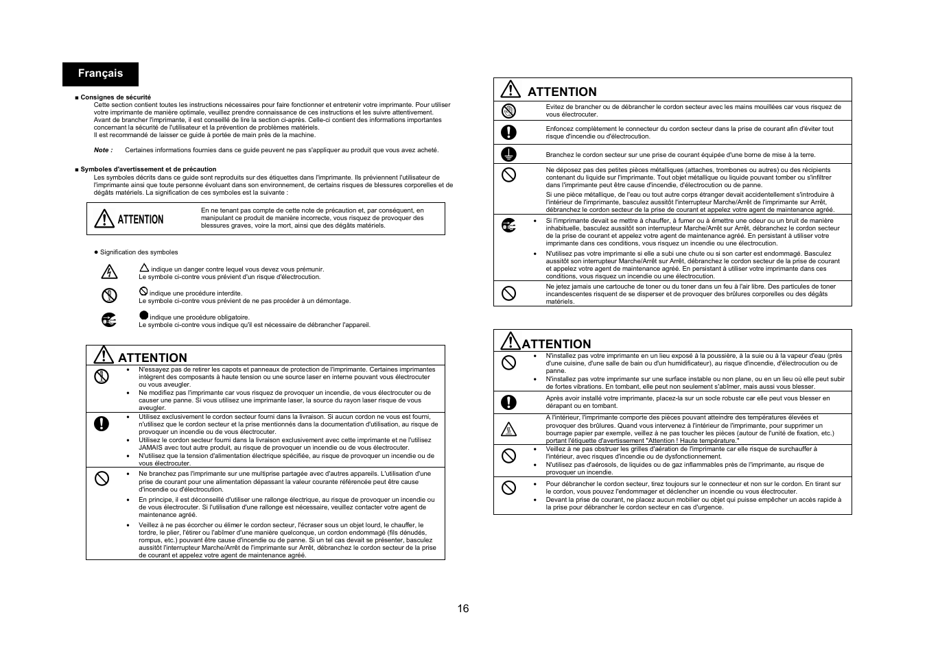 Attention, 16 français | Konica Minolta PagePro 1390MF User Manual | Page 16 / 56