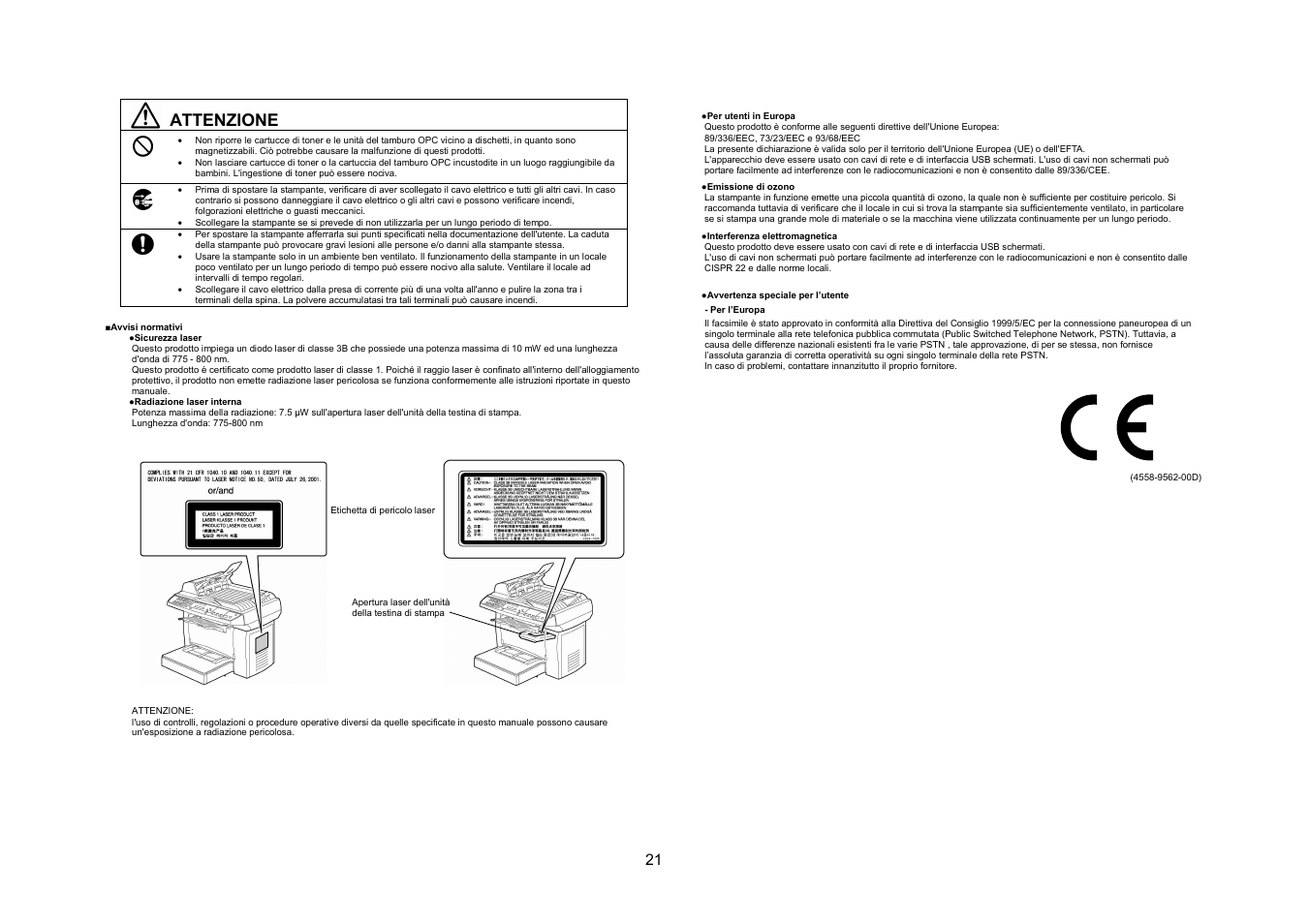 Attenzione | Konica Minolta PagePro 1390MF User Manual | Page 21 / 56